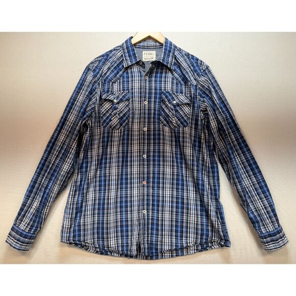 PD&C Men's Button Up Cotton Shirt Size L Blue White Plaid Long Sleeve Pockets - Picture 1 of 11
